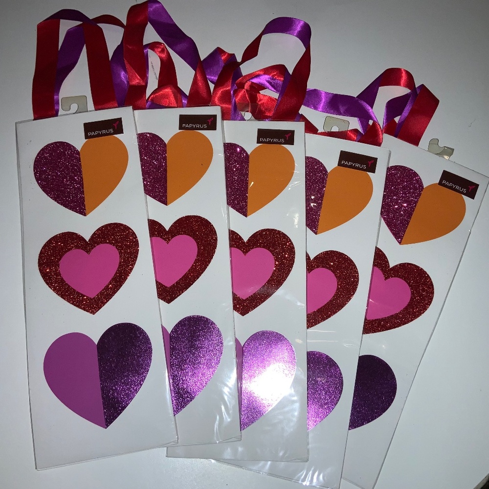 Set of 5 Papyrus wine bags hearts glitter red pink ribbon handles New